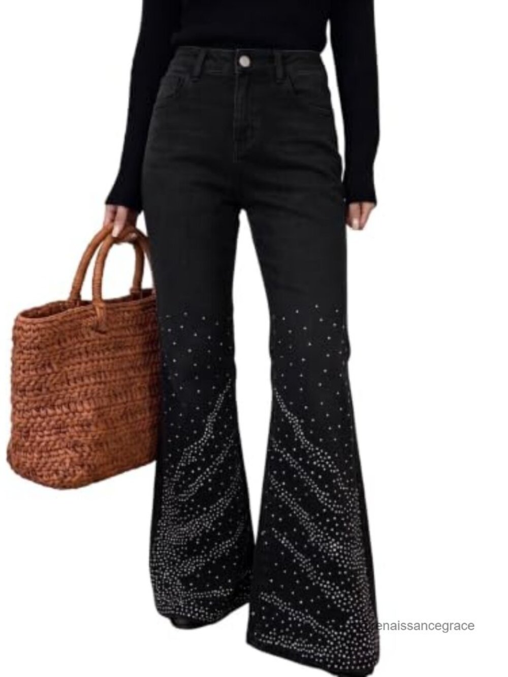 Dokotoo Flare Bell Bottom Jeans High Waisted Rhinestone Wide Leg Denim